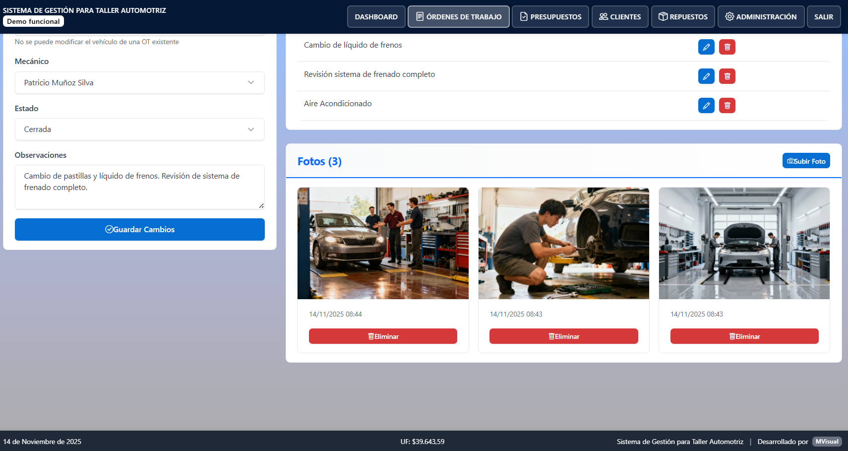 Funcionalidad de Agregar Fotos a Órdenes de Trabajo - Documentación visual de servicios